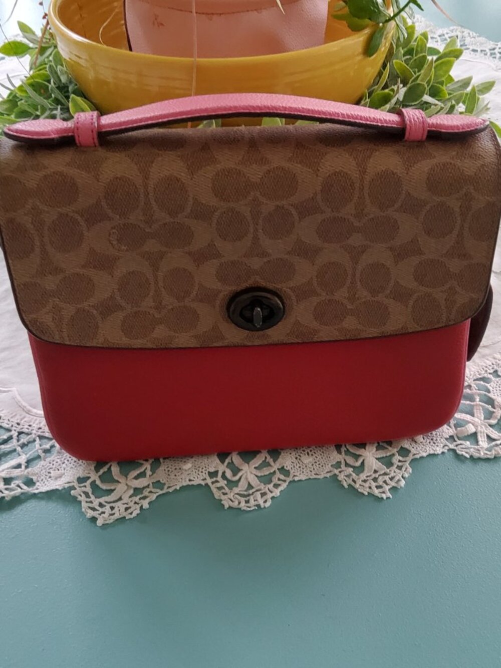 Coach Signature Canvas Crossbody Bag in Brown and Red with Pink Handle